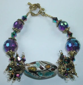 Fancy Lampwork Bracelet Crystal Shades of Purple & Blue Handmade Jewelry - Picture 1 of 1