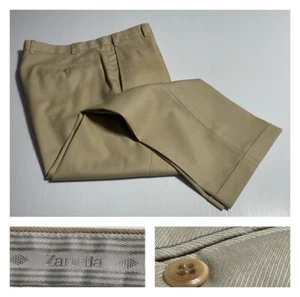 Zanella Todd Wool Twill Dress Pants Flat Front Cuffs Beige Tan Italy 34 x 28 - Picture 1 of 17