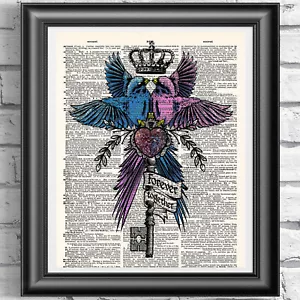 FOREVER TOGETHER Love quote Wall Art on Dictionary Book Page Birds - Picture 1 of 3