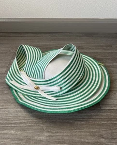 VTG Green & White Striped Oversized Church Hat Derby Hat Unique Made In Taiwan - Picture 1 of 10