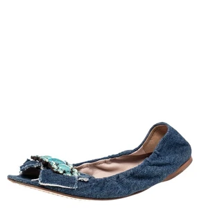 Miu Miu Blue Denim Crystal Embellished Ballet Flats Size 37 - Picture 1 of 8