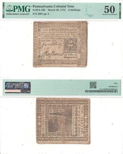 March 20, 1773 Six Shillings Pennsylvania Colonial PMG AU-50 - Picture 1 of 3