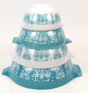 Vintage Pyrex Amish Butterprint Cenerentola ciotole di miscelazione turchese/bianco set 4 pezzi - Foto 1 di 12