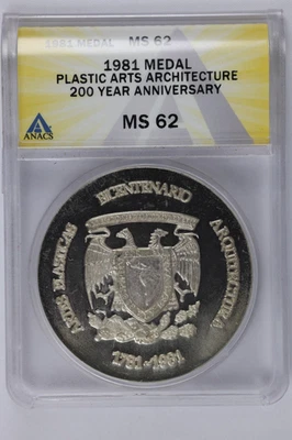 Mexico 1981 Silver Plastic Arts Architecture 200 Year Anniversary Medal ANACS MS - Image 1 of 3