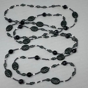 Glass Bead Necklace Black Matte Pressed Symbols Seed Bead Flapper Long 69" - Picture 1 of 13