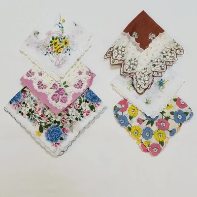 Vtg Lot Of 6 Print Hankies Handkerchief Floral  Pink Crafting Cutter 50s #2 - Image 1 of 4