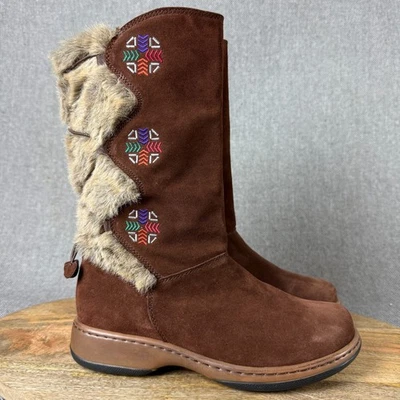Dansko Fyodora Karmel Boots Womens 40 10 Brown Suede Fur Trim Tribal Embroidery - Image 1 of 4