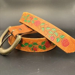 Tooled hellbrauner Ledergürtel 1,5 x 30"" Messingschnalle Damen geprägt bemalt rosa Boho - Bild 1 von 9