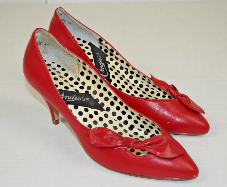 Vintage High Heel Shoes Size 6 80s Candies Cherry Red Bow Tie Leather Close Toe - Image 1 of 4