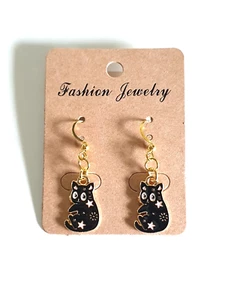 Sweet Halloween Theme Black Cat Gold Plated Earrings - Picture 1 of 9