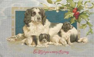 Spaniel Typ Hund mit ihren Welpen geprägt Frohe Weihnachten Postkarte - Bild 1 von 2