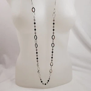 Collar Tono Plata Cadena Cuentas Moda Joyería Negro Gris Largo Ajustable - Imagen 1 de 7