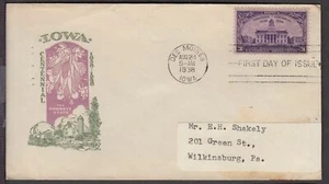1938 IOWA centennial 100 years Sc 838-23c Harry Ioor cachet green/lilac - Picture 1 of 1