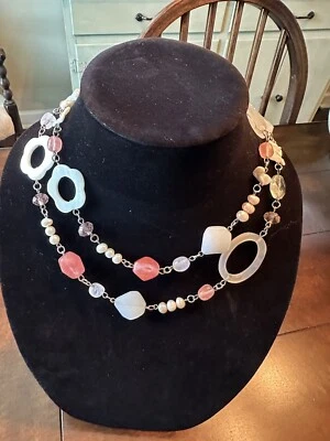 Premier Designs “Blush” Mother Of Pearl Shell Pink/White Beaded Necklace 36" - Image 1 of 4