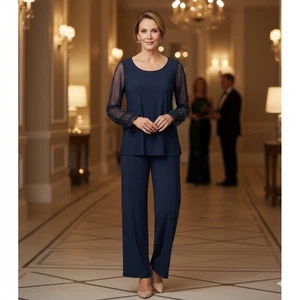 Marina 2-teiliges Hosen Set Damen 16 Perlenärmel Stretch Jersey Strick dunkelblau - Bild 1 von 13