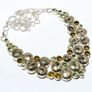 Faceted Pyrite, Green Amethyst 925 Sterling Silver Necklace 17.99" TN7524-706 - Image 1 of 4