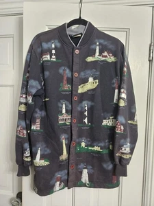 Lighthouse Button-Up Sweatshirt Jacket Art Unlmtd Size Medium Coastal Grandma - Picture 1 of 3