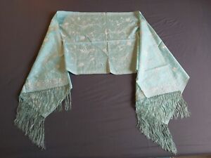 Vintage Tasselled Silk Scarf, embroidered floral design, white on pale green