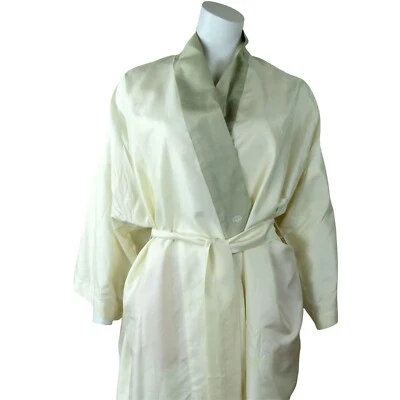 New Womens 100% Silk Ivory Kimono Robe Sage Green Lapel Belt by Rach Nida - Image 1 of 4