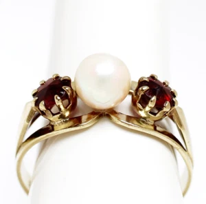 Damenring 8 Karat 333 Gold Gelbgold Akoya Perle Granat Granatsteine 1,97g Gr. 56 - Picture 1 of 4