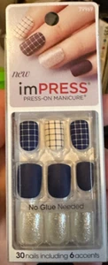 ImPRESS Press Nails Navy Silver Glitter Matte blue grid - Picture 1 of 2