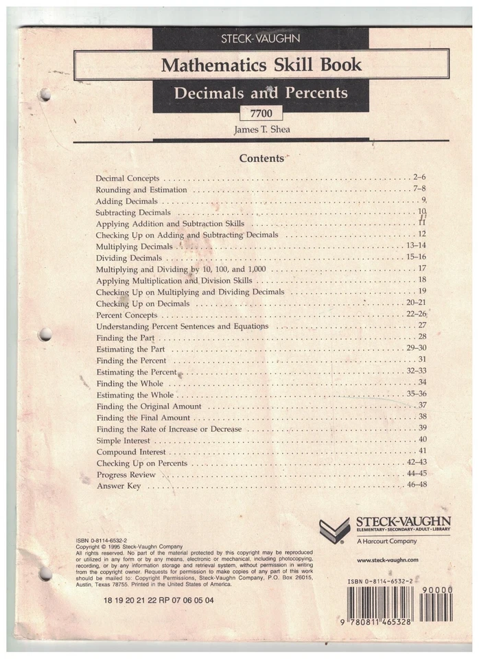 Steck Vaughn Mathematics Skill Books TEST Decimals And Percent by James P. Shea - Image 1 of 1