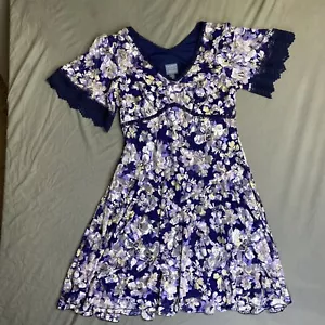 Rabbit Rabbit Rabbit Purple Floral Lace V-Neck Fit Flare Midi Dress Sz 14 Flowy - Picture 1 of 12