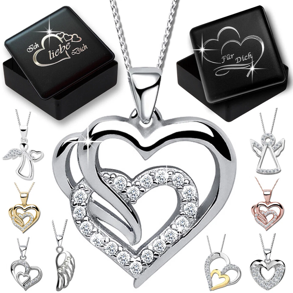 Damen Halskette mit Herz Anhänger 925 Silber Gravur Geschenk Schmuck für Frau - Bild 1 von 3