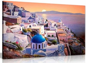 Santorini Griechenland bei Sonnenuntergang Leinwand Wandbild Bild Druck - Bild 1 von 5