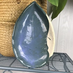 Leaf Shaped Studio Art Pottery Blue Green Glazed Dish Centerpiece Decor MCM - Picture 1 of 7