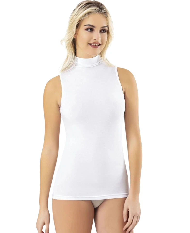 FASHIONSHOWCASE Damen Shirttop Body Ärmellos mit Stehkragen Baumwoll Modal Mix Figurbetont