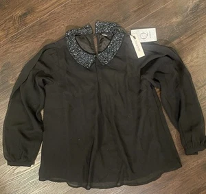 Dressy Black A-Line Blouse, Long Sheer Sleeve, Beaded Peter Pan Collar, Sz Med - Picture 1 of 7