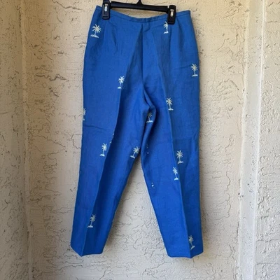Talbots 100% Irish Linen Blue Crop Pants Sz 4 Petite Embroidered Palm Trees - Image 1 of 4