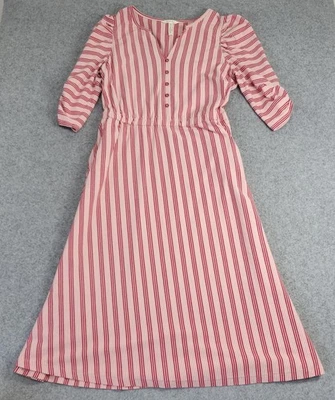 Matilda Jane Dress Women Medium Red Pink Striped 3/4 Sleeve Henley Midi Pockets - Image 1 of 4