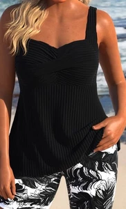 Costume da bagno corto biker vita alta grande tankini nero stampa piume - Foto 1 di 9
