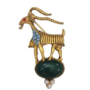 Vintage Gold Tone Blue Bead, Green Glass Cab Gazelle, Goat Brooch K470 - Picture 1 of 9