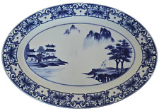 Canton Blue Oval Serving Platter 14" Blue and White hand painted scenic design.