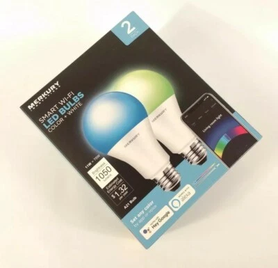 Merkury Innovations A21 Wifi Smart Light Bulb 75W Color White Led 2-Pack NWT New - Image 1 of 4