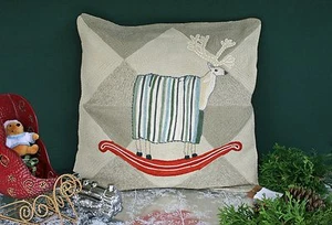 POTTERY BARN ROCKING REINDEER CREWEL EMBROIDERED PILLOW COVER –NWT- ON PRANCER! - Picture 1 of 7