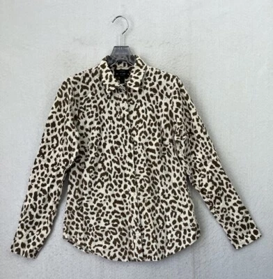 Camisa J.Crew Perfect Talla 2 Abotonada Estampado Leopardo Marrón Blusa Mezcla de Lino Foto 1 de 4