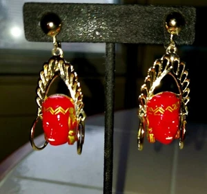1960s Selro Selini Princess Screw Back Earrings Red Face Goldtone Rare! Free Bag - Picture 1 of 8