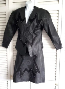 Vintage Raiment Fashions Perlen Pailletten Lederjacke Rock Set Schwarz, Größe S - Bild 1 von 13