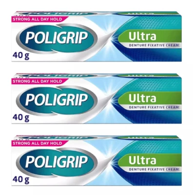 3x Poligrip Ultra Denture Fixative Cream 40g Polygrip zinc free - Mint Flavour