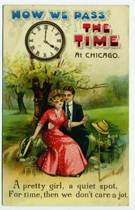 Postal de colección romántica de 1907 "How We Pass Time at Chicago a Pretty Girl" circa - Imagen 1 de 2