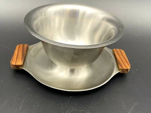 Vintage MCM Gravy Boat Saucer Plate Wood Handles Interpur Japan  Stainless Steel - Picture 1 of 12