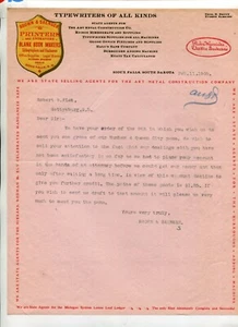 Vintage Briefpapier BRAUN & SAENGER DRUCKER 1905 Sioux Falls SD Schreibmaschinen  - Bild 1 von 1