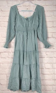 In Loom Damen Schulterfreies Maxikleid L Aqua Teal Gesmokt Boho Prairiecore - Bild 1 von 15