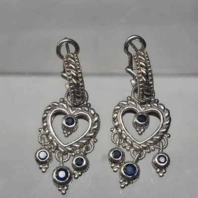 Modern Sterling Silver 925 Judith Ripka Heart Sapphire Dangle Peirced Earrings  - Image 1 of 4
