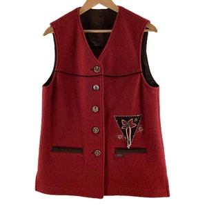 Vintage Petressa Red Pure Wool Button Up Gilet UK 14 - Picture 1 of 6
