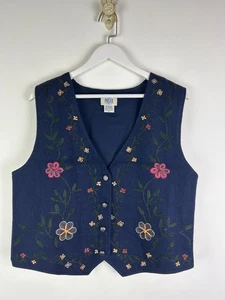 Pasta Wool Blend Vest Large Woman L Navy Blue Floral Embroidery Vintage Cottage - Picture 1 of 3